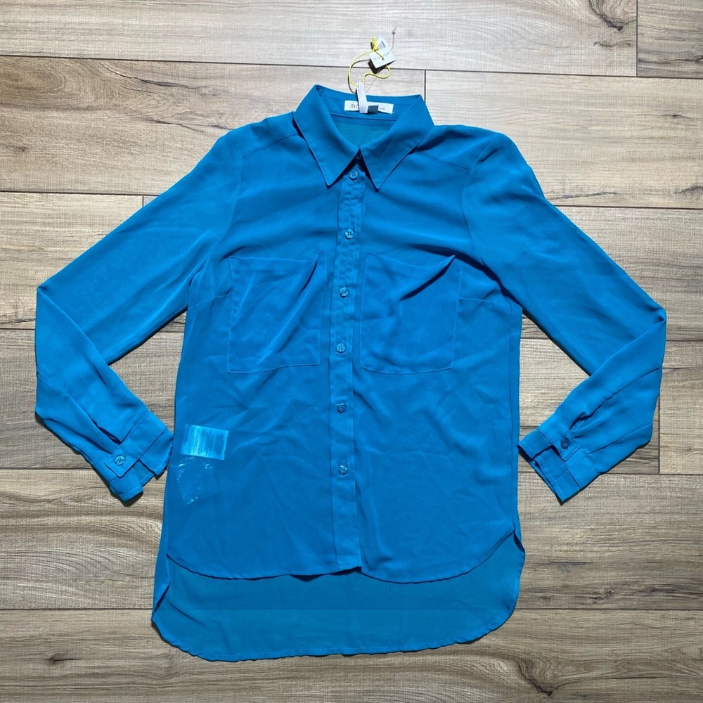BCBGeneration Women‎ Button Up Long Sleeve Sheer Top Size Small Teal Blue